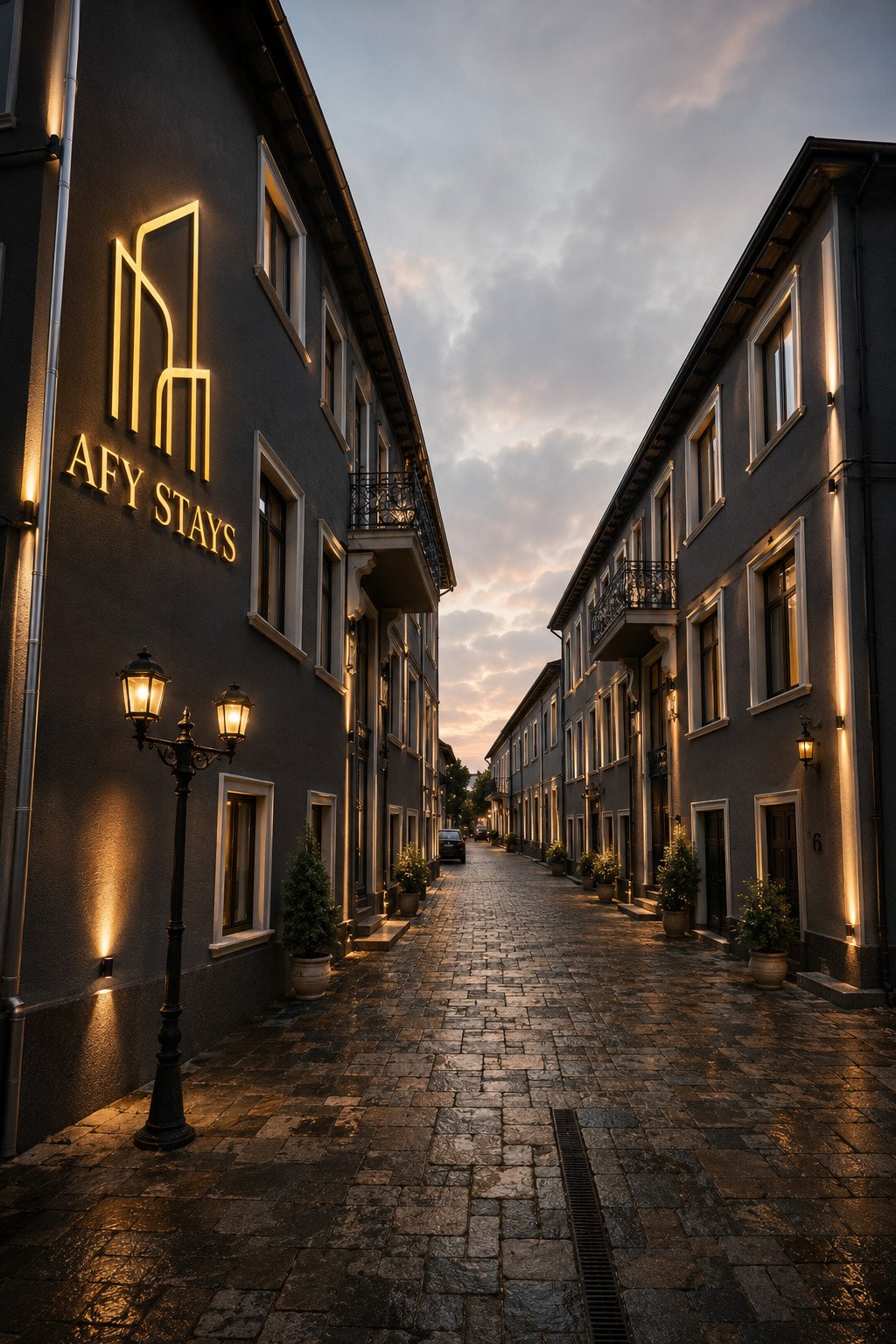 Fațada AFY Boutique Apartments, cu firma luminoasă AFY Stays